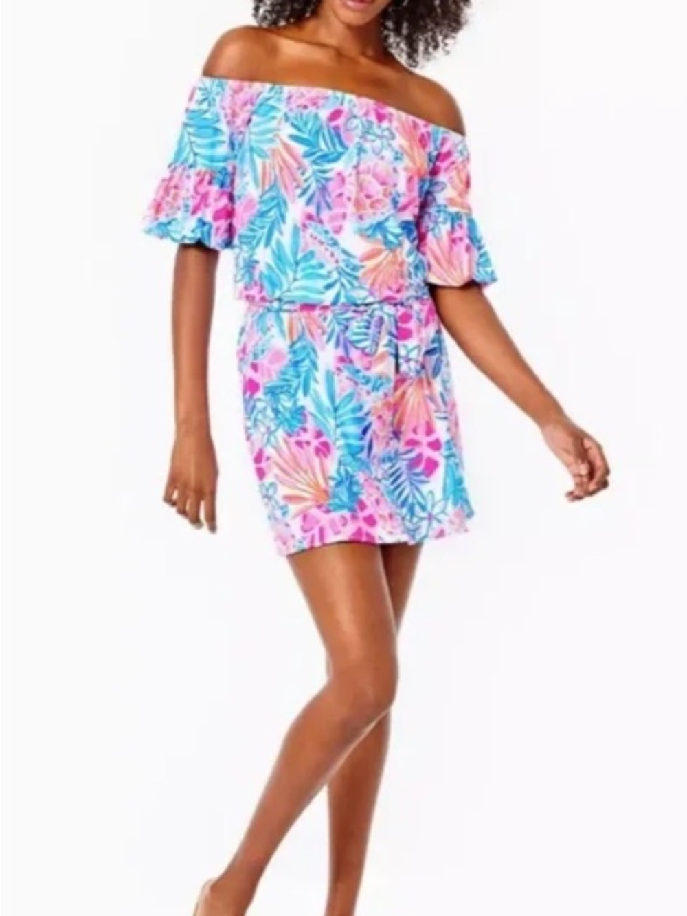 NWT Lilly Pulitzer Off-Shoulder Tropical Print Romper in Pink, Blue & Orange
